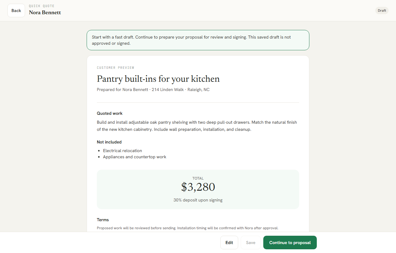 Actual Quick Quote preview for Nora Bennett: oak pantry shelving and pull-out drawers, priced at $3,280, with exclusions and a 30 percent deposit